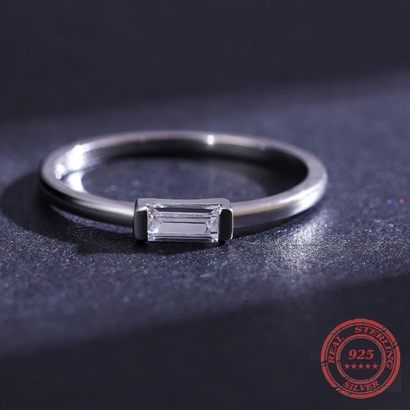 Minimalist Emerald Cut Gem Rectangle Sterling Silver Stacking Ring - Picture 11 of 15